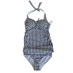 NWT! MOTHERHOOD, BEACH BUMP 2 Piece Striped Halter Maternity Tankini, Size Small
